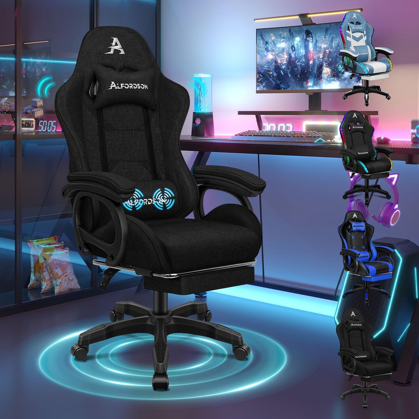 ALFORDSON Gaming-Stuhl mit Massage, Fußstütze, Ergonomisch, 360° drehbar, bis 180 kg, Schwarz