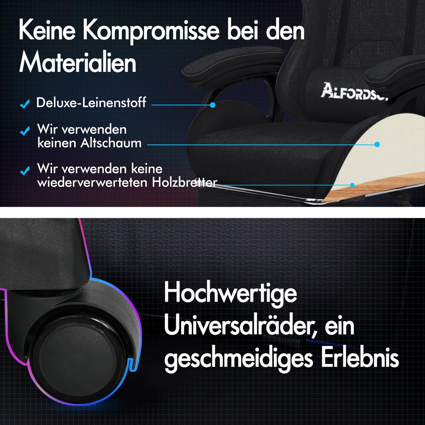 ALFORDSON Gaming-Stuhl mit Massage, Fußstütze, Ergonomisch, 360° drehbar, bis 180 kg, Schwarz