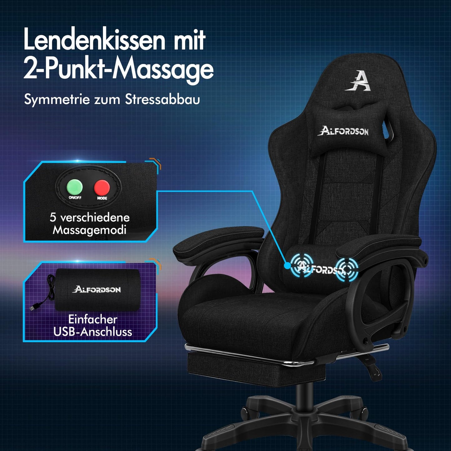 ALFORDSON Gaming-Stuhl mit Massage, Fußstütze, Ergonomisch, 360° drehbar, bis 180 kg, Schwarz
