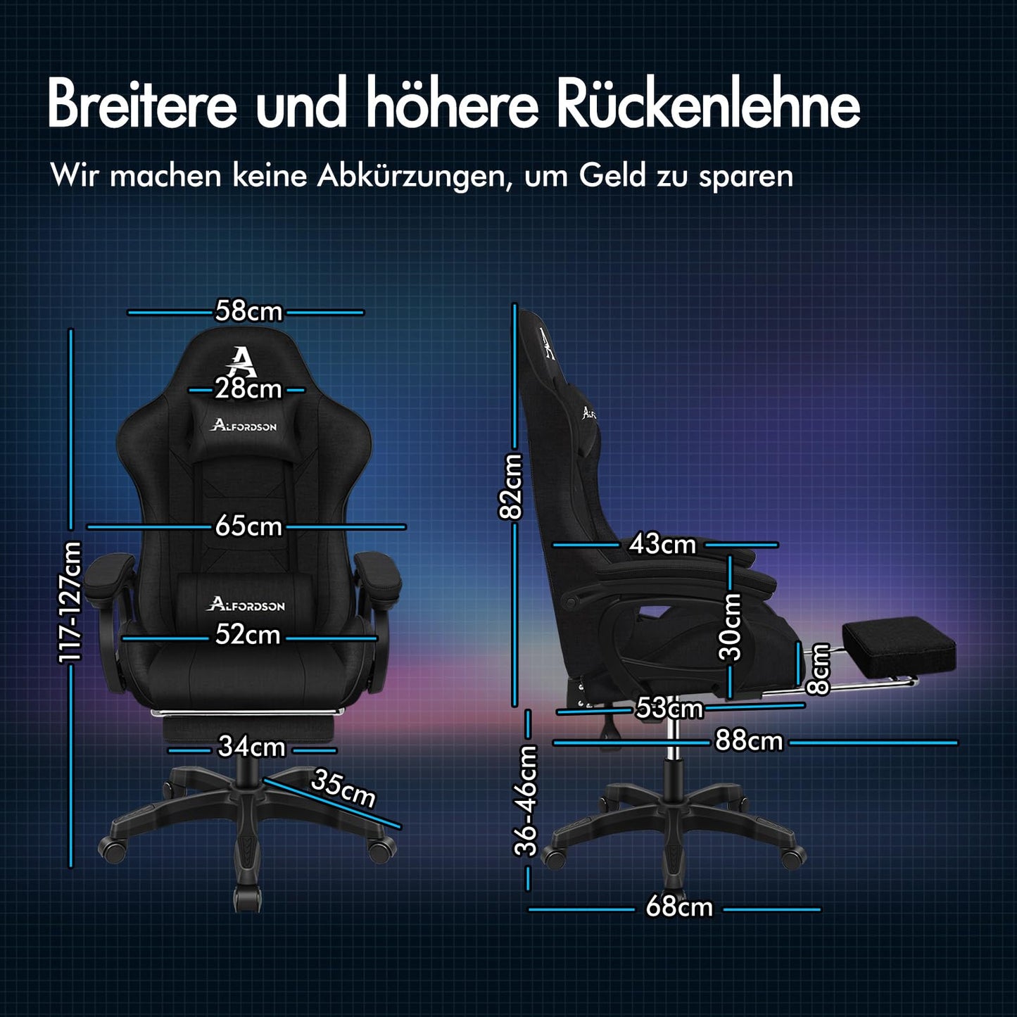 ALFORDSON Gaming-Stuhl mit Massage, Fußstütze, Ergonomisch, 360° drehbar, bis 180 kg, Schwarz